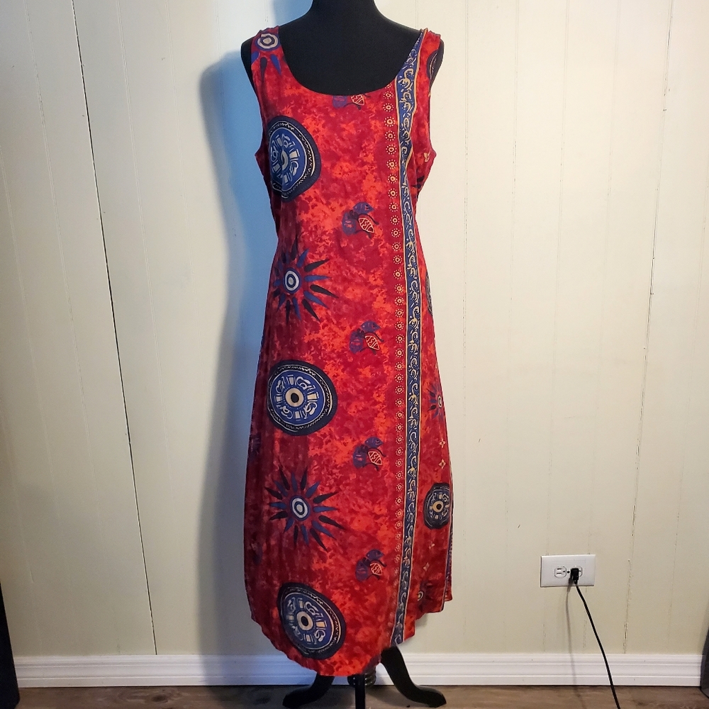 Batik Medallion Print Hippie Boho Beach Sleeveless Tie Back Maxi Dress L/XL